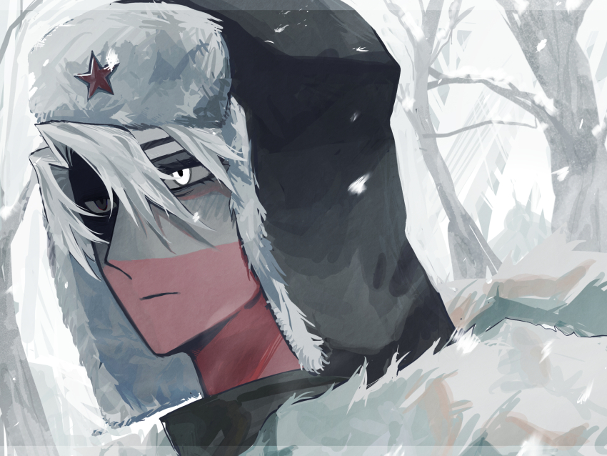 1boy bare_tree black_hat closed_mouth countryhumans forest fur-trimmed_headwear fur_hat fur_trim hat highres nature parted_bangs portrait russia_(countryhumans) russian_flag saboten92 snow solo tree ushanka white_hair