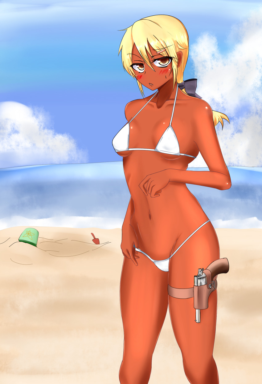 1girl aen030 beach bikini blonde_hair blush bow breasts breasts_apart bucket cloud cowboy_shot day gun hair_bow hair_ornament hairclip handgun highres holster kirisame_marisa long_hair looking_at_viewer marisa_carnby matching_hair/eyes micro_bikini ocean outdoors pentagram ponytail purple_bow revealing_clothes revolver shovel sky small_breasts solo standing swimsuit tan thigh_holster touhou underboob weapon white_bikini yellow_eyes yukkuri_to_rooru_suru_trpg