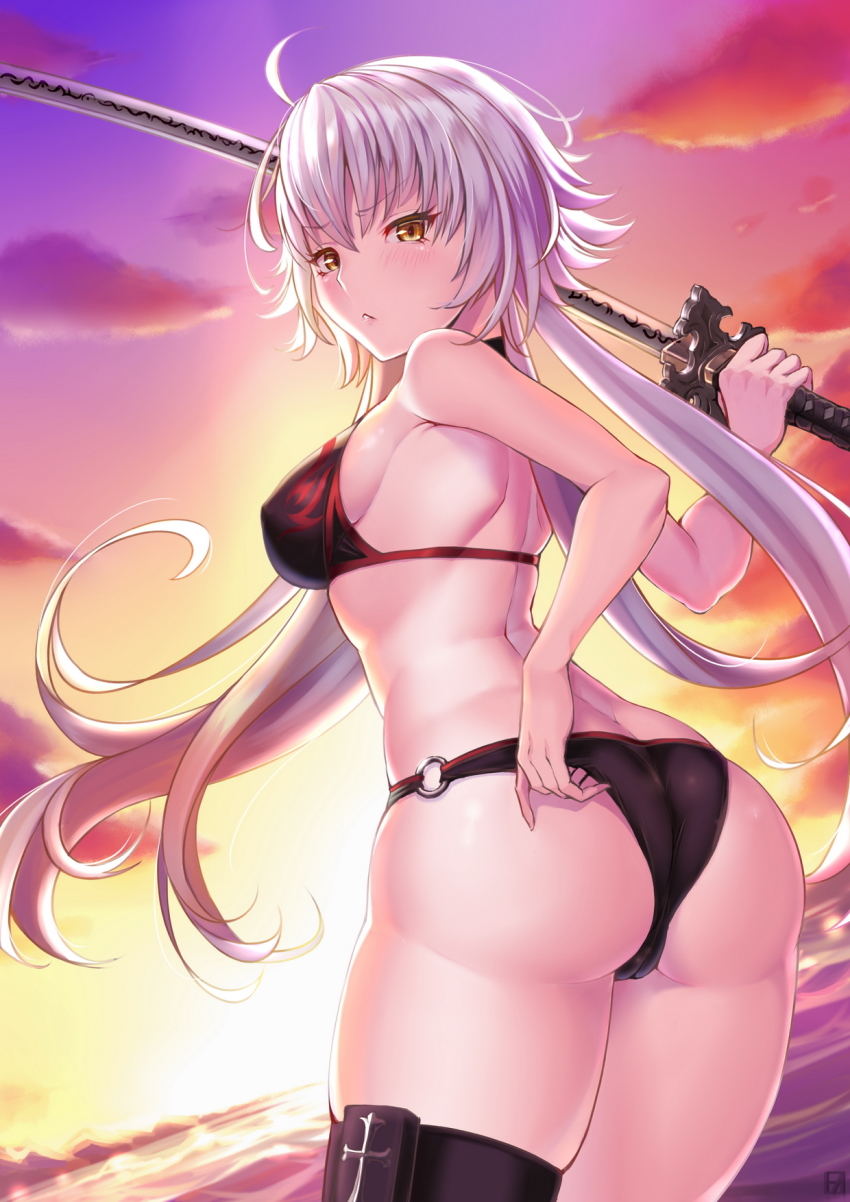 1girl ahoge ass bikini black_bikini breasts butt_crack dawn fate/grand_order fate_(series) female_focus highres holding holding_weapon jeanne_d&#039;arc_alter_(swimsuit_berserker)_(fate) jeanne_d&#039;arc_(fate) jeanne_d&#039;arc_alter_(fate) jeanne_d&#039;arc_alter_(swimsuit_berserker)_(fate) katana long_hair looking_at_viewer panties seaside silver_hair solo sunday_se7en swimsuit sword underwear weapon yellow_eyes