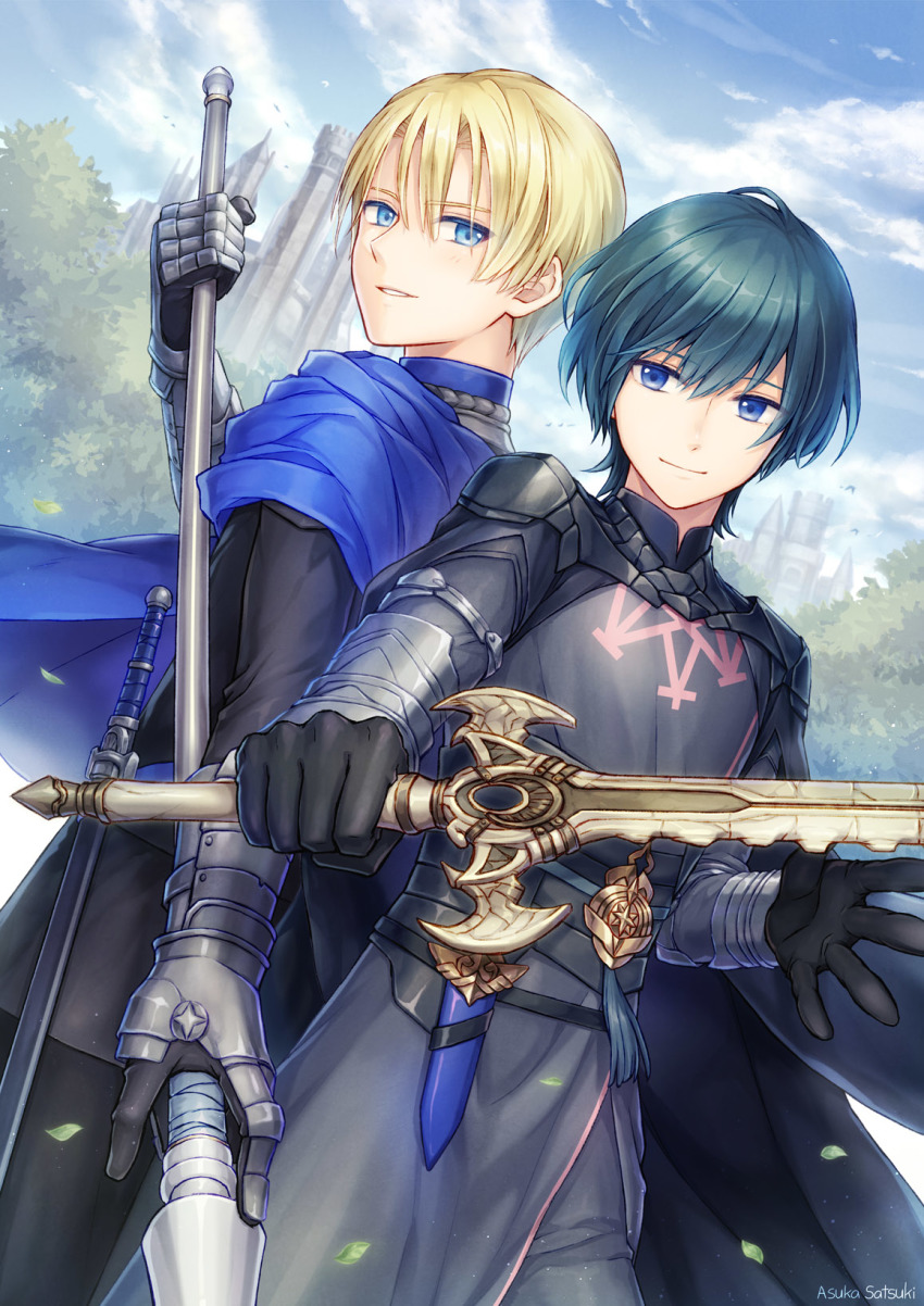 2boys armor asuka_s24 back-to-back black_cape blonde_hair blue_cape blue_eyes blue_hair byleth_(fire_emblem) byleth_(male)_(fire_emblem) cape carrying closed_mouth dagger dimitri_alexandre_blaiddyd fire_emblem fire_emblem:_three_houses garreg_mach_monastery_uniform greaves heroes_relic_(fire_emblem) highres holding holding_lance holding_polearm holding_sword holding_weapon knife lance medium_hair multiple_boys nintendo outdoors polearm short_hair sword sword_of_the_creator weapon