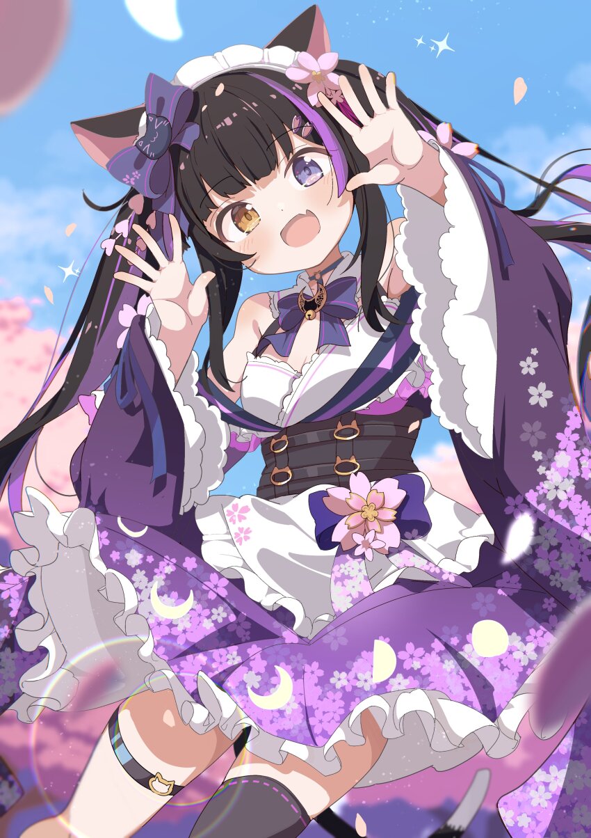 1girl absurdres animal_ears apron black_corset black_hair blue_eyes bow bowtie cat_ears cat_girl cat_tail cherry_blossom_print corset fang floral_print frilled_apron frills hands_up head_tilt heterochromia highres indie_virtual_youtuber japanese_clothes kimono kimono_skirt kurotsuki_yozakura lolita_fashion long_hair looking_at_viewer maid_headdress multicolored_hair off_shoulder open_mouth outstretched_hand purple_bow purple_bowtie purple_kimono shiro9jira single_thighhigh skin_fang smile solo streaked_hair tail thigh_strap thighhighs twintails very_long_hair wa_lolita white_apron yellow_eyes