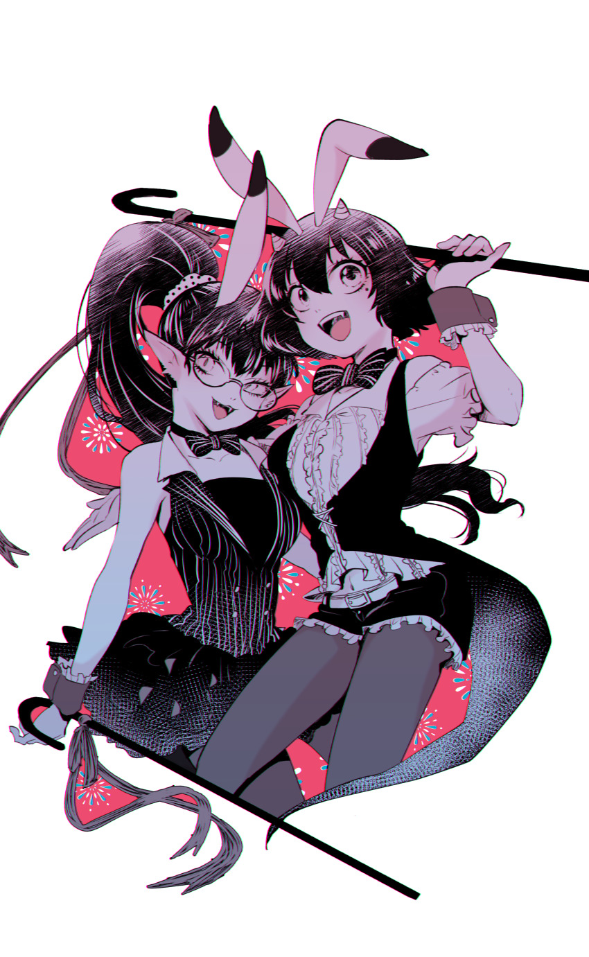 2girls absurdres alternate_costume animal_ears black_hair bow bowtie cane commentary_request fangs glasses highres hoicyo holding holding_cane hoozuki_no_reitetsu horns leotard long_hair looking_at_viewer miki_(hoozuki_no_reitetsu) mole mole_under_eye multiple_girls oni oni_horns open_mouth peach_maki playboy_bunny ponytail rabbit_ears short_hair short_sleeves slit_pupils smile