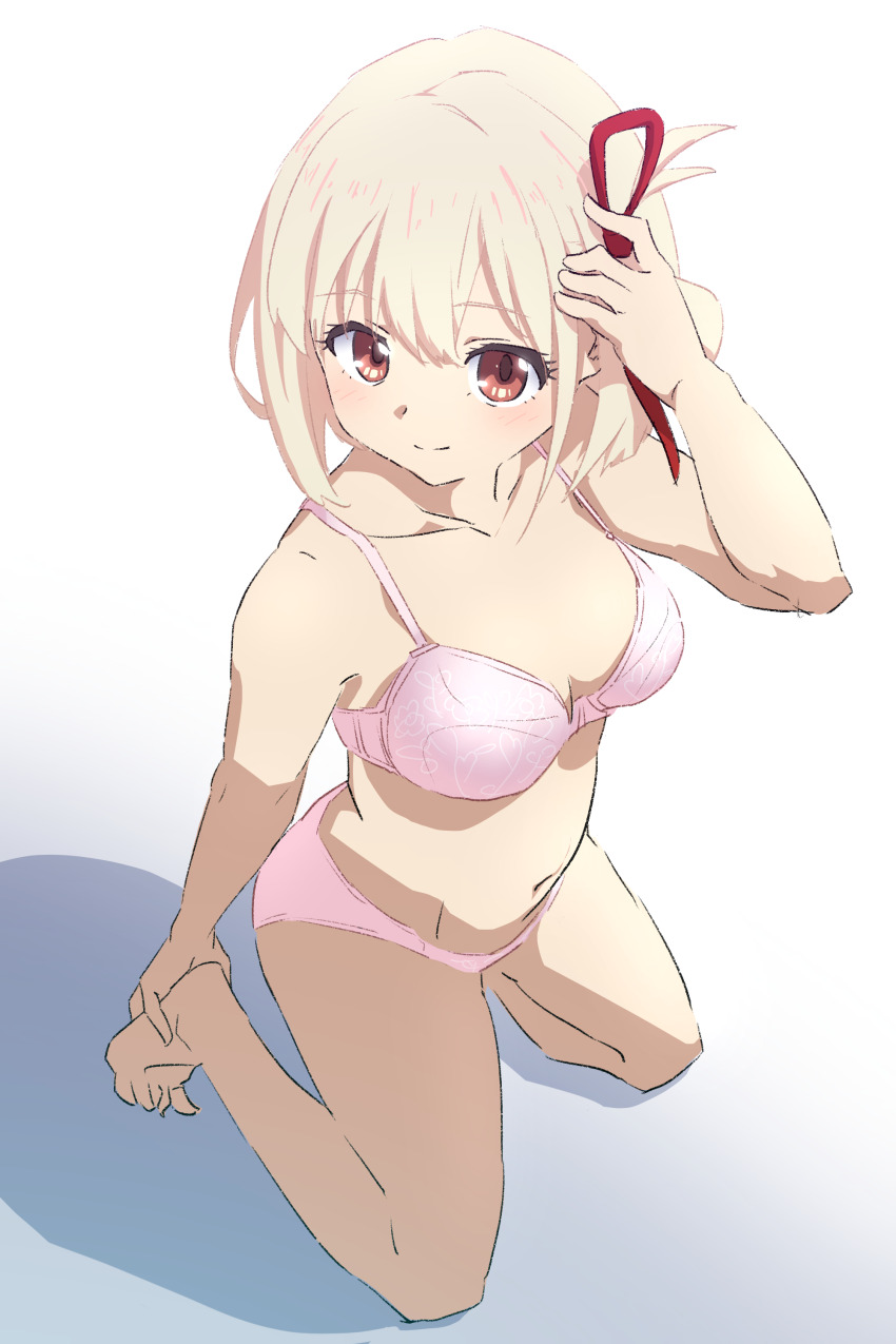 1girl absurdres adjusting_hair barefoot blonde_hair blush bob_cut bra closed_mouth commentary full_body hand_up highres looking_at_viewer lycoris_recoil nishikigi_chisato oekakiism panties pink_bra pink_panties red_eyes short_hair simple_background smile solo underwear underwear_only white_background