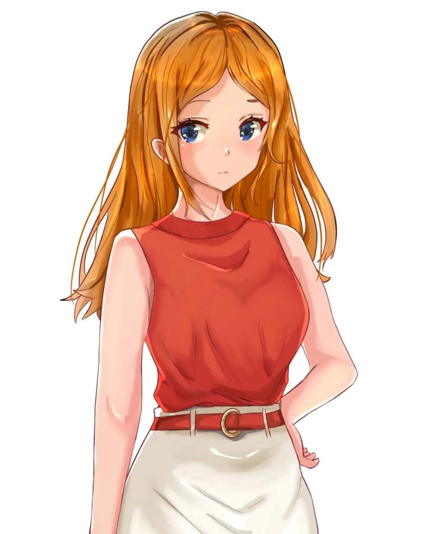 1girl animification artist_request belt blue_eyes candace_flynn highres long_hair looking_at_viewer non-web_source orange_hair phineas_and_ferb red_shirt shirt simple_background skirt sleeveless sleeveless_shirt solo source_request white_skirt