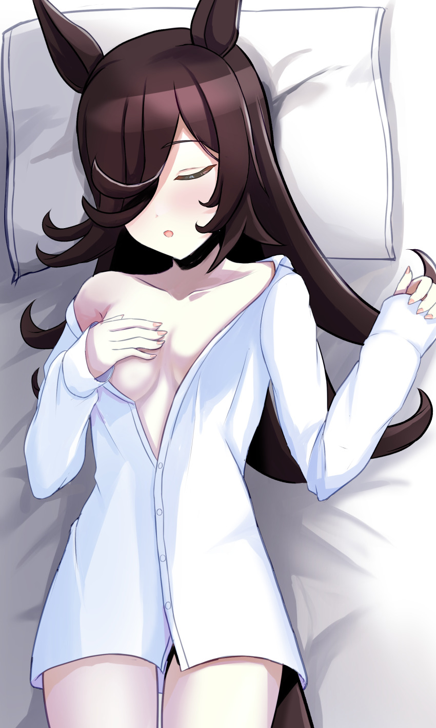 1girl absurdres animal_ears bed black_hair blush borrowed_clothes breasts closed_eyes collarbone hair_over_one_eye highres horse_ears horse_girl horse_tail nagonago10 pillow rice_shower_(umamusume) sleeping small_breasts solo tail umamusume