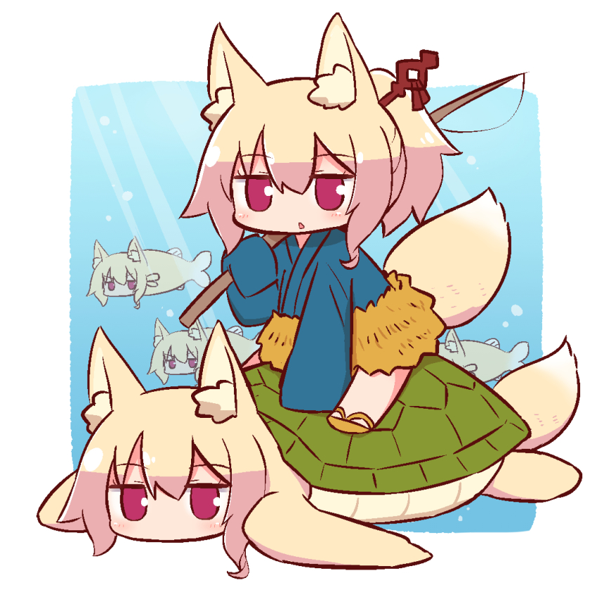 5girls animal_ear_fluff animal_ears blonde_hair blue_kimono blush brown_footwear cosplay fish fishing_rod fox_ears fox_girl fox_tail hair_between_eyes hair_ornament holding holding_fishing_rod japanese_clothes kemomimi-chan_(naga_u) kimono long_sleeves looking_at_viewer multiple_girls naga_u on_animal original parted_lips ponytail red_eyes sidelocks sitting sleeves_past_fingers sleeves_past_wrists tail turtle turtle_shell underwater urashima_tarou urashima_tarou_(cosplay) v-shaped_eyebrows water