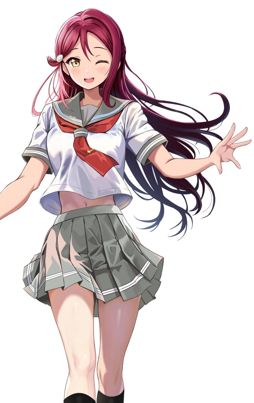 1girl black_socks blush bow commentary_request grey_sailor_collar grey_skirt hair_ornament hairclip highres long_hair love_live! love_live!_sunshine!! navel neckerchief one_eye_closed open_mouth red_bow red_neckerchief sailor_collar sakurauchi_riko school_uniform shirt skirt smile socks summer_uniform uranohoshi_school_uniform white_background white_shirt yellow_eyes zaofeng