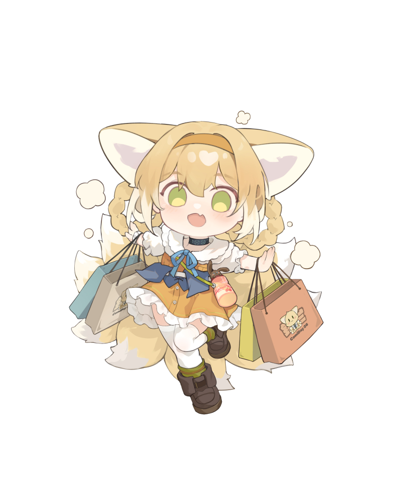 1girl absurdres alternate_costume animal_ear_fluff animal_ears arknights bag black_choker blonde_hair blue_ribbon boots braid braided_hair_rings brown_footwear chibi chinese_commentary choker commentary dated_commentary dress fang fox_ears fox_girl fox_tail green_eyes hair_rings hairband highres kitsune kyuubi looking_at_viewer multiple_tails open_mouth orange_dress orange_hairband outstretched_arms puffy_short_sleeves puffy_sleeves ribbon shio_(shiofeifei) shopping_bag short_hair short_sleeves skin_fang solo spread_arms suzuran_(arknights) suzuran_(let&#039;s_carnival!)_(arknights) tail thighhighs white_background white_thighhighs