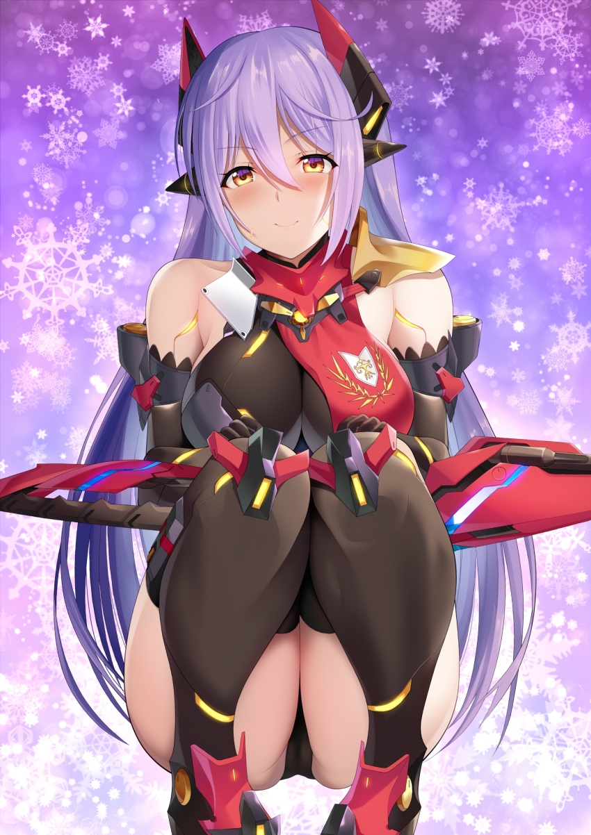 1girl android armored_boots black_gloves black_leotard black_panties black_thighhighs blush boots breasts closed_mouth daive elbow_gloves gloves glowing highres large_breasts leotard light_smile long_hair looking_at_viewer panties poppi_(xenoblade) poppi_qtpi_(xenoblade) purple_hair red_footwear robot_ears smile solo solo_focus thighhighs underwear very_long_hair weapon xenoblade_chronicles_(series) xenoblade_chronicles_2 yellow_eyes