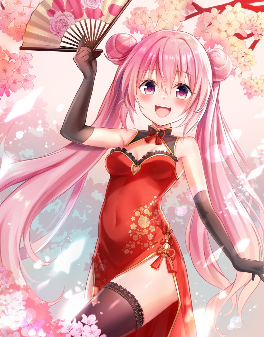 1girl absurdres blush breasts brown_gloves brown_sleeves brown_thighhighs cherry_blossoms china_dress chinese_clothes double_bun dress flower gloves hair_between_eyes hair_bun hand_fan highres holding holding_fan long_hair looking_at_viewer medium_breasts open_mouth original pink_eyes pink_hair red_dress solo tassel thighhighs twintails very_long_hair vinsenter27834