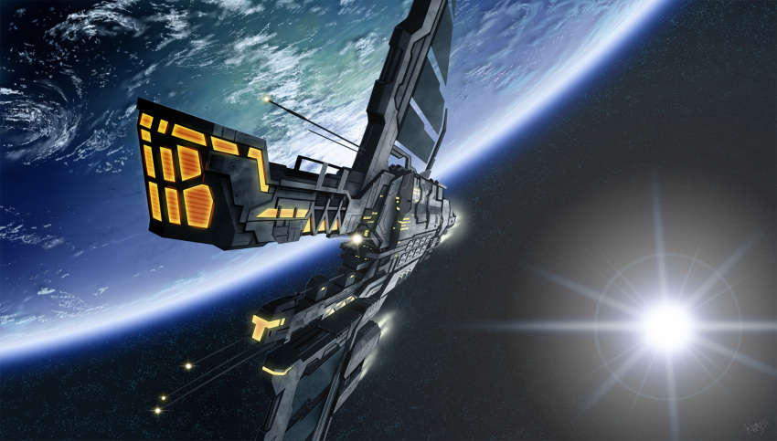 attack_ship_(eve_online) battleship_(eve_online) cloud commentary eve_online flying glowing highres in_orbit krats military_vehicle minmatar_republic_(eve_online) no_humans ocean outdoors photoshop_(medium) planet radio_antenna realistic scenery science_fiction sky solar_panel space spacecraft star_(sky) star_(symbol) starry_sky starry_sky_background tempest_(eve_online) vehicle_focus water