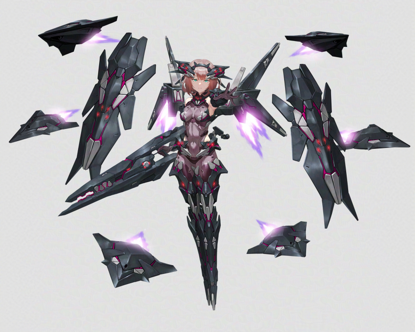 1girl aqua_eyes bodysuit breasts brown_hair drone elbow_gloves floating floating_object full_body gloves grey_background gun headgear highres holding holding_gun holding_weapon looking_at_viewer mecha_musume medium_breasts original reaching reaching_towards_viewer rifle shield short_hair solo thrusters tom-neko_(zamudo_akiyuki) weapon