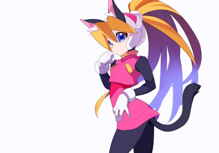 1girl animal_ears blonde_hair blue_eyes bodystocking cat_ears cat_girl cat_tail ciel_(mega_man) gloves helmet kaidou_zx long_hair mega_man_(series) mega_man_zero_(series) paw_pose pink_headwear pink_top pink_vest ponytail simple_background skirt sleeveless solo tail vest white_background