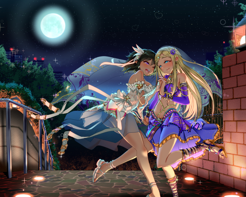 2girls blonde_hair blue_eyes blush cobblestone couple dark-skinned_female dark_skin highres idolmaster idolmaster_cinderella_girls layla_(idolmaster) long_hair monobe_yuri moon multiple_girls navel night open_mouth road sandals smile tree yuri