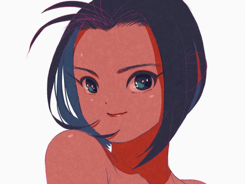 1girl 4.5j bare_shoulders black_hair blue_eyes closed_mouth gensou_suikoden gensou_suikoden_iv highres lips looking_at_viewer looking_to_the_side mizuki_(suikoden) short_hair simple_background smile solo turning_head white_background