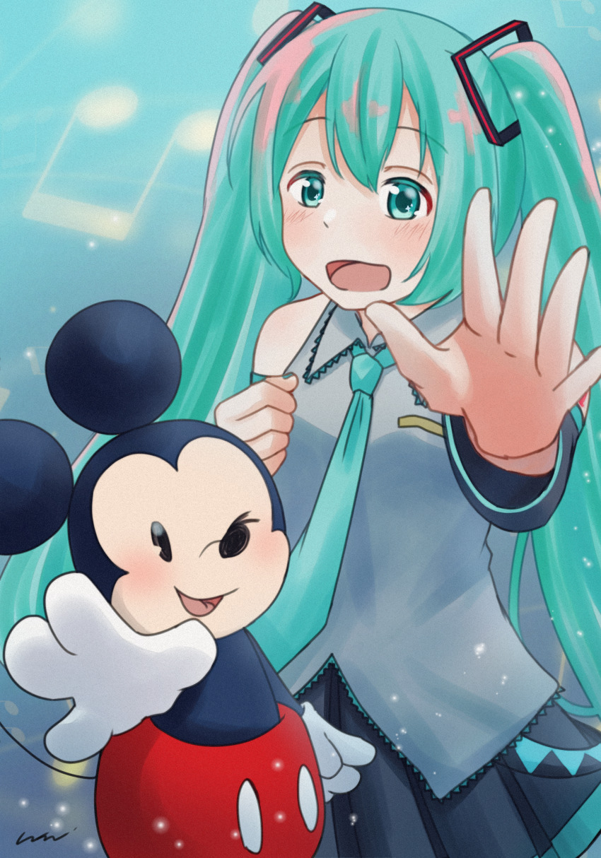 1boy 1girl absurdres animal_ears aqua_eyes aqua_hair blue_eyes blue_hair crossover detached_sleeves disney gloves hair_between_eyes hair_ornament hatsune_miku highres long_hair looking_at_viewer mickey_mouse mouse_ears necktie open_mouth shirt skirt sleeveless smile tail twintails very_long_hair vocaloid ye_natunohi