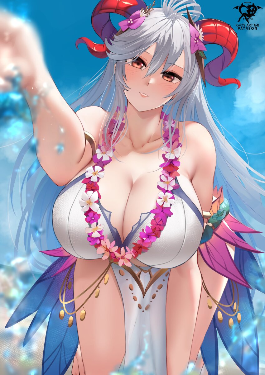 1girl absurdres artist_logo artist_name bare_shoulders bikini bougainvillea_(flower) breasts cleavage curled_horns fire_emblem fire_emblem_heroes flower flower_necklace freyja_(fire_emblem) freyja_(summer)_(fire_emblem) goat_horns hair_flower hair_ornament highres horns huge_breasts jewelry kaos_art logo long_hair looking_at_viewer multicolored_hair necklace nintendo official_alternate_costume open_mouth patreon_username pelvic_curtain pink_flower red_eyes red_horns see-through_clothes smile splashing swimsuit white_bikini white_flower