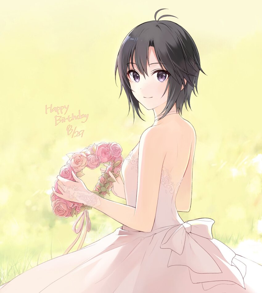 1girl a1001047591 antenna_hair bare_shoulders black_eyes black_hair breasts choker closed_mouth cowboy_shot dated day dot_nose dress flower_wreath from_side gloves hair_between_eyes happy_birthday highres idolmaster idolmaster_(classic) idolmaster_million_live! idolmaster_million_live!_theater_days kikuchi_makoto lace lace-trimmed_dress lace_gloves lace_trim looking_at_viewer on_grass outdoors parted_bangs short_hair sidelocks small_breasts solo waist_ribbon wedding_dress white_choker white_dress