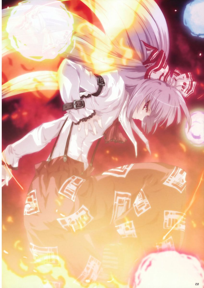 1girl female_focus fire fujiwara_no_mokou hair_ribbon highres long_hair red_eyes ribbon silver_hair solo suspenders tokiame touhou