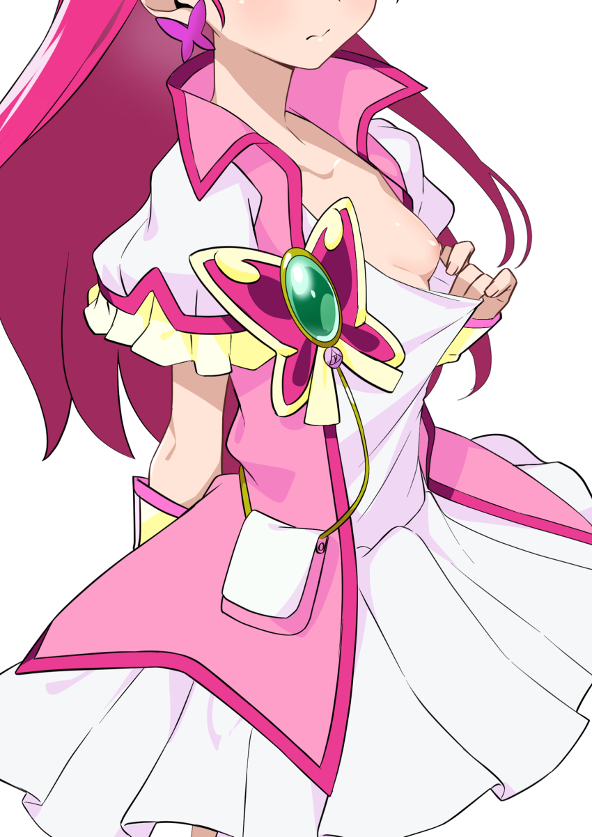 1girl arm_behind_back breasts closed_mouth cure_dream dress earrings head_out_of_frame highres jewelry long_hair looking_at_viewer magical_girl morisobo nipples one_breast_out pink_hair precure puffy_short_sleeves puffy_sleeves short_sleeves simple_background small_breasts solo white_background white_dress yes!_precure_5 yes!_precure_5_gogo! yumehara_nozomi