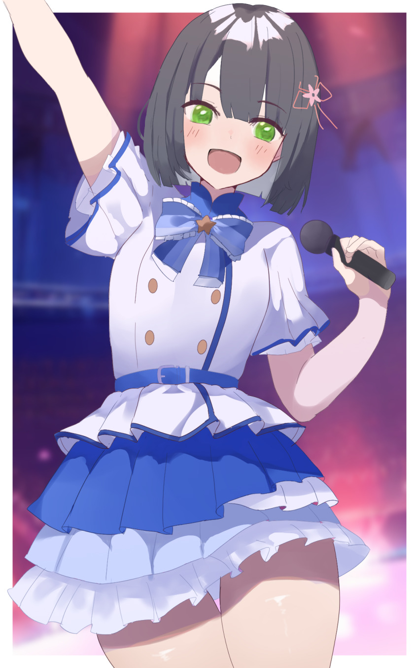 1girl 365_days_(love_live!) :d arm_up black_hair blue_skirt blunt_bangs blunt_ends blurry blurry_background blush border buttons commentary cowboy_shot double-breasted flower flower_knot frilled_skirt frilled_sleeves frills green_eyes hair_flower hair_ornament highres holding holding_microphone layered_skirt link!_like!_love_live! looking_at_viewer love_live! microphone miniskirt momose_ginko official_alternate_costume open_mouth outside_border shirt short_hair short_sleeves skirt smile solo soyo1558686 thigh_gap virtual_youtuber white_border white_shirt