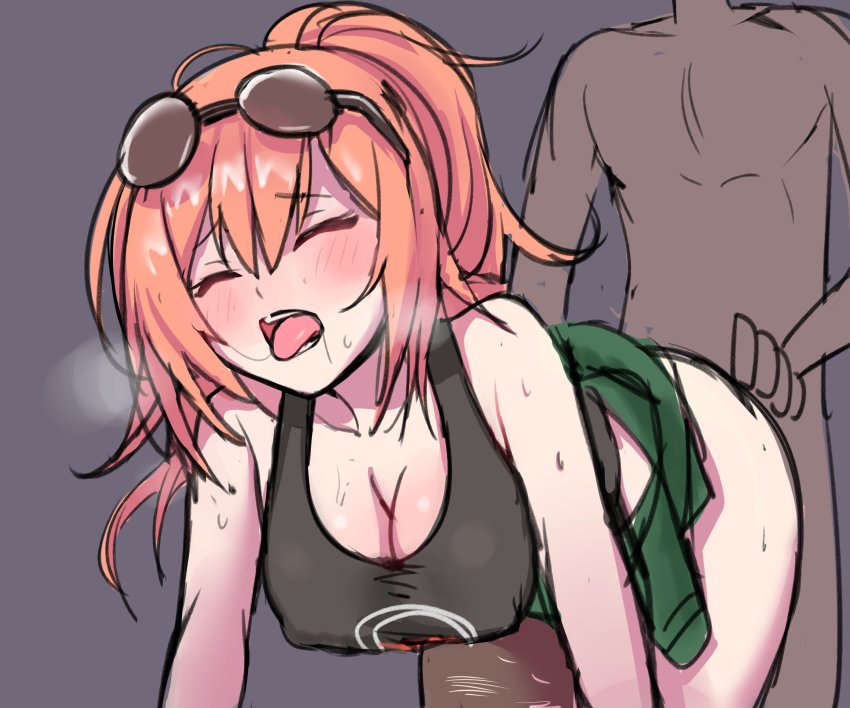 1boy 1girl absurdres alternate_costume alternate_hairstyle beruko14 black_tank_top blush breasts cleavage closed_eyes doggystyle eyewear_on_head girls&#039;_frontline hetero highres kalina_(girls&#039;_frontline) large_breasts sex sex_from_behind solo_focus sunglasses sweat tank_top tongue tongue_out