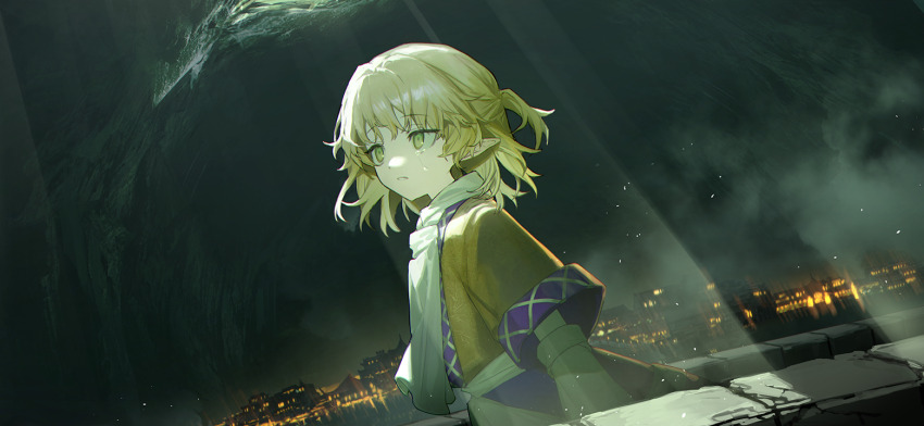 1girl arm_at_side arm_warmers blonde_hair brown_shirt cave city crying crying_with_eyes_open dark es-ther former_capital from_side green_eyes house light_rays looking_afar medium_hair mizuhashi_parsee non-web_source official_art parted_lips pointy_ears purple_skirt scarf scenery second-party_source shirt skirt solo tears tears_from_one_eye touhou touhou_gensou_eclipse underground white_scarf