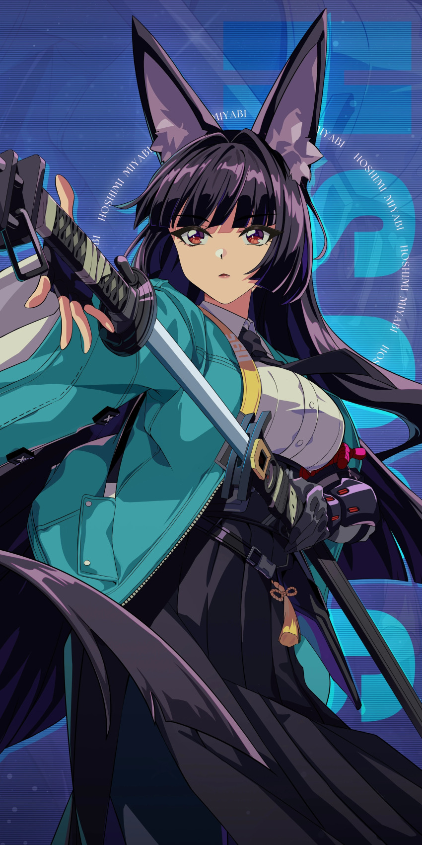 1girl absurdres animal_ear_fluff animal_ears artist_request black_gloves black_hair black_necktie black_skirt blunt_bangs brown_eyes fingerless_gloves fox_ears fox_girl gauntlets gloves green_jacket high-waist_skirt highres holding holding_sword holding_weapon hoshimi_miyabi jacket katana long_hair looking_at_viewer necktie official_art pantyhose sheath shirt single_gauntlet skirt solo sword weapon white_shirt wide_sleeves zenless_zone_zero