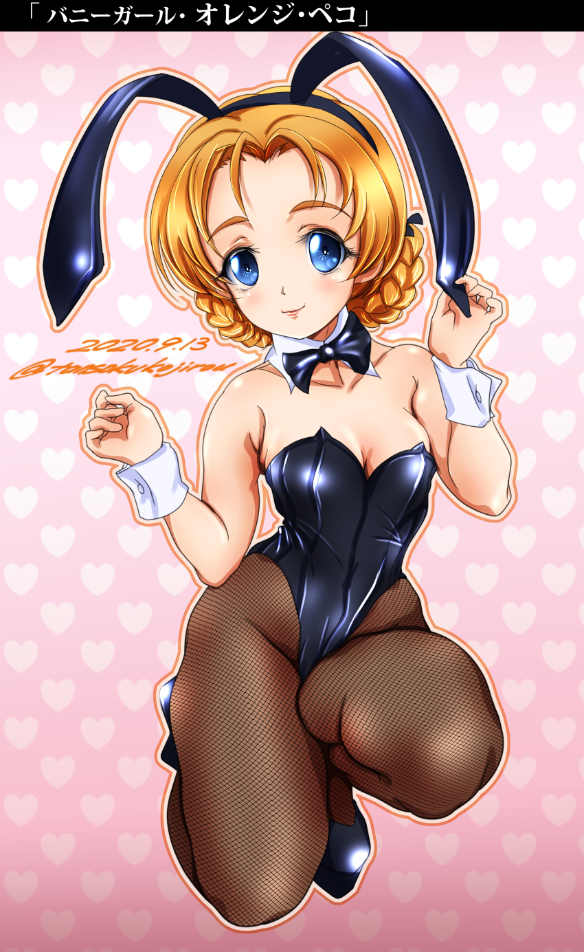 1girl absurdres animal_ears black_bow black_bowtie black_footwear black_leotard black_pantyhose blue_eyes bow bowtie braid breasts cleavage collarbone dated detached_collar fake_animal_ears fishnet_pantyhose fishnets girls_und_panzer gradient_background heart heart_background high_heels highres leotard looking_at_viewer medium_breasts orange_hair orange_pekoe_(girls_und_panzer) pantyhose parted_bangs pink_background playboy_bunny rabbit_ears rabbit_tail short_hair solo squatting strapless strapless_leotard tail tomokoji twin_braids twitter_username wrist_cuffs