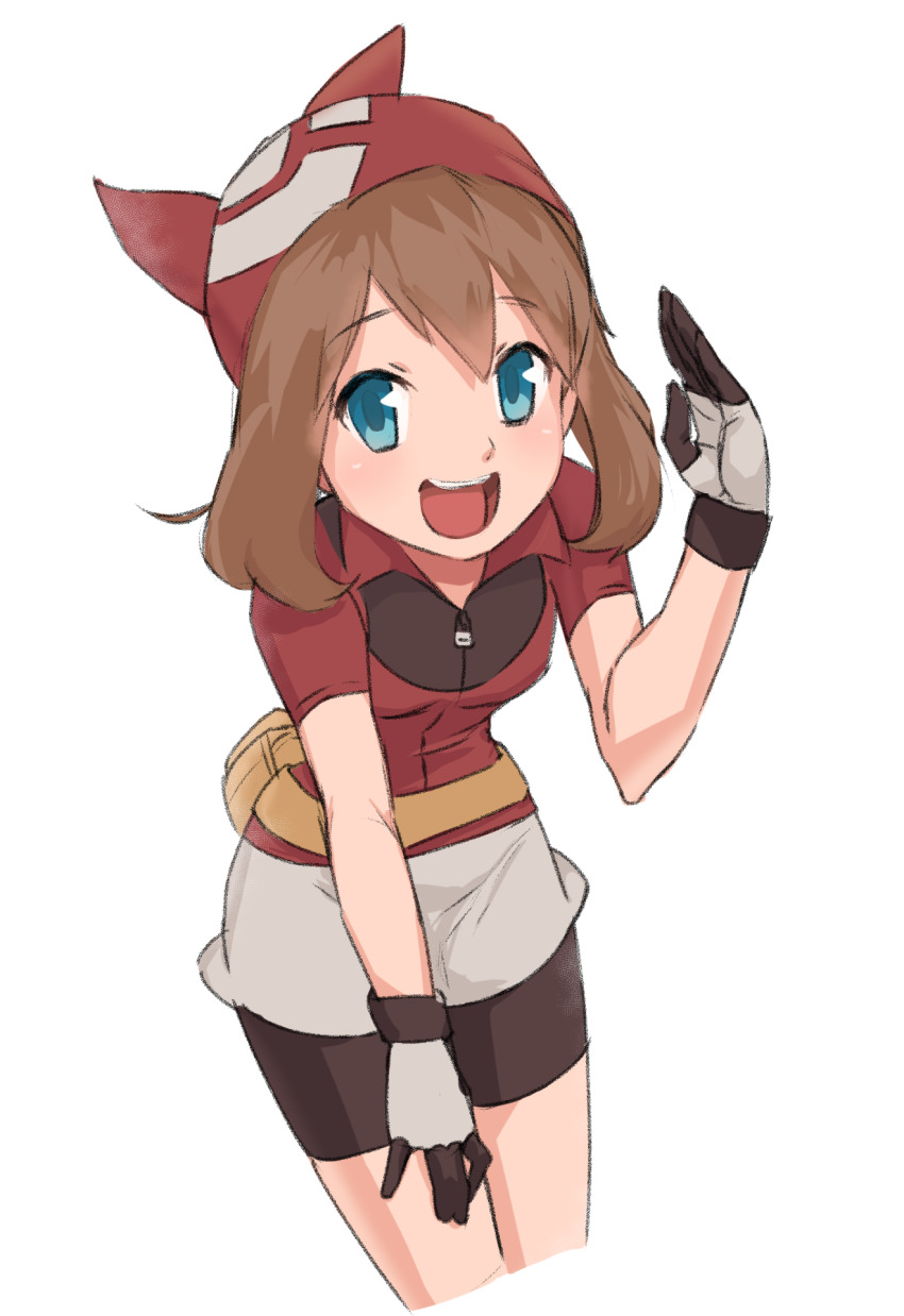 1girl bandana bike_shorts blue_eyes breasts brown_hair creatures_(company) game_freak hand_on_own_thigh highres looking_at_viewer may_(pokemon) medium_hair nintendo nyonn24 open_mouth pokemon pokemon_rse simple_background smile solo white_background