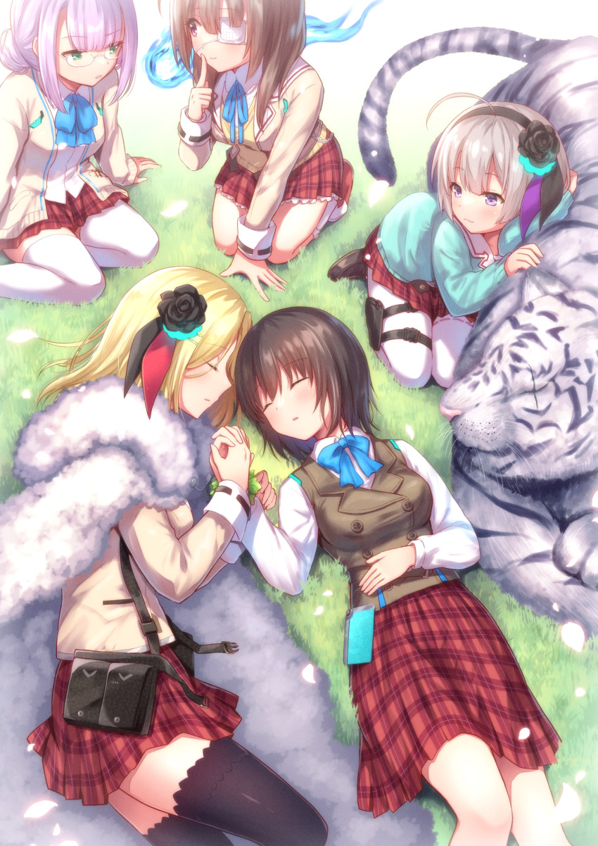 5girls ahoge aoi_erika black_flower black_hair black_thighhighs blonde_hair bow bracelet breasts brown_hair byakko_(heaven_burns_red) cape cardigan drill_hair eyepatch finger_to_mouth flower fur-trimmed_cape fur_trim glasses green_cardigan green_eyes grey_hair hair_flower hair_ornament heaven_burns_red highres higuchi_seika hiiragi_kozue jacket jewelry leaf_bracelet long_sleeves lying medium_hair minase_ichigo minase_sumomo multiple_girls nakamura_hinato one_eye_covered plaid_clothes plaid_skirt purple_eyes purple_hair red_skirt rose sailor_collar shirt short_hair shushing skirt sweater team_31b_(heaven_burns_red) thighhighs tiger twin_drills vest white_sailor_collar white_tiger yuri