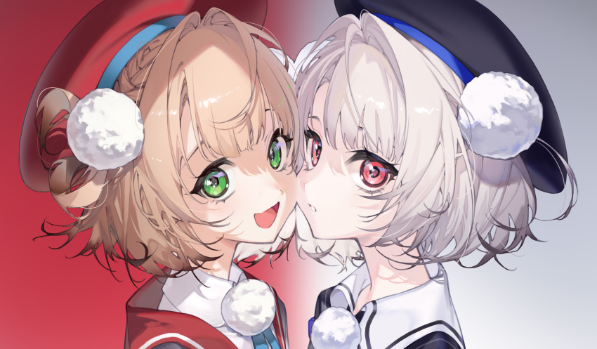 2girls :d amana_(pocketkey) beret braid cheek-to-cheek green_eyes grey_background grey_hair hair_intakes hat heads_together highres indie_virtual_youtuber light_brown_hair looking_at_viewer multiple_girls open_mouth parted_lips pom_pom_(clothes) red_background red_eyes shigure_ui_(vtuber) shigure_ui_(vtuber)_(1st_costume) short_hair simple_background smile ui_(voisona) upper_body virtual_youtuber voisona