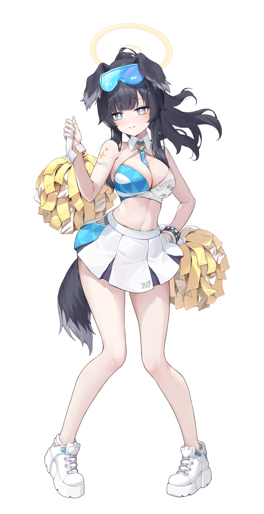 1girl absurdres animal_ears bangle bare_shoulders black_hair blue_archive blush bracelet breasts cheerleader dog_ears dog_girl dog_tail eyewear_on_head full_body goggles goggles_on_head halo hibiki_(blue_archive) hibiki_(cheer_squad)_(blue_archive) highres holding holding_pom_poms jewelry long_hair looking_at_viewer medium_breasts midriff millennium_cheerleader_outfit_(blue_archive) miniskirt navel official_alternate_costume pleated_skirt pom_pom_(cheerleading) pom_poms shoes simple_background skirt sneakers solo standing star_sticker sticker_on_arm sticker_on_face stomach tail white_background white_skirt zonunoll