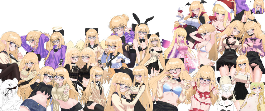 2girls absurdres animal_ears armpits arms_up bare_arms bare_shoulders bikini black_choker black_leotard black_pantyhose black_shirt black_shorts blonde_hair blue_bow blue_bra blue_eyes blue_shorts bow bow_bikini bow_bra bra breasts cape choker cleavage clothes_lift commission crop_top crop_top_overhang cunnilingus cunnilingus_through_clothes cup cutoffs denim denim_shorts dress drinking_glass fake_animal_ears frilled_bikini frills glasses grin hair_bow hair_bun halo head_wings highres incredibly_absurdres leotard lifting_own_clothes long_hair looking_at_viewer mask medium_breasts midriff mouth_mask multiple_girls multiple_views naked_ribbon navel oldsickkim oral orange_bow original pantyhose pink_dress pink_shirt playboy_bunny pointy_ears rabbit_ears ribbon school_uniform second-party_source serafuku shirt shirt_lift short_shorts shorts simple_background sleeveless sleeveless_shirt smile stomach strapless strapless_leotard string_bikini swimsuit underwear white_background white_bikini white_dress white_shirt wine_glass wings yuri