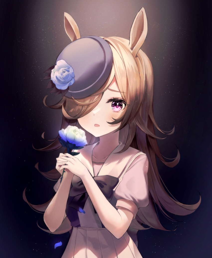 1girl :o absurdres animal_ears black_background black_bow blue_flower blue_rose blush bow brown_hair chaerom commentary_request flower grey_background hair_over_one_eye hands_up hat hat_flower highres holding holding_flower horse_ears horse_girl huge_filesize long_hair looking_at_viewer open_mouth pleated_skirt purple_background purple_eyes rice_shower_(umamusume) rose sailor_collar short_sleeves skirt solo umamusume upper_body