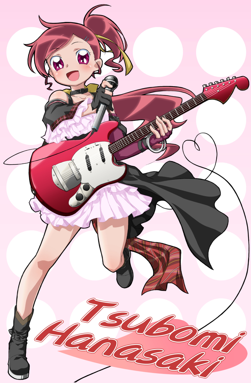 10s 1girl absurdres alternate_costume asymmetrical_clothes asymmetrical_gloves bare_legs bracelet character_name dam_(artist) elbow_gloves electric_guitar female_focus fingerless_gloves gloves guitar hair_ribbon hanasaki_tsubomi heart heart_of_string heartcatch_precure! highres instrument jewelry long_hair microphone mismatched_gloves pink_eyes ponytail precure red_hair ribbon single_elbow_glove skirt solo