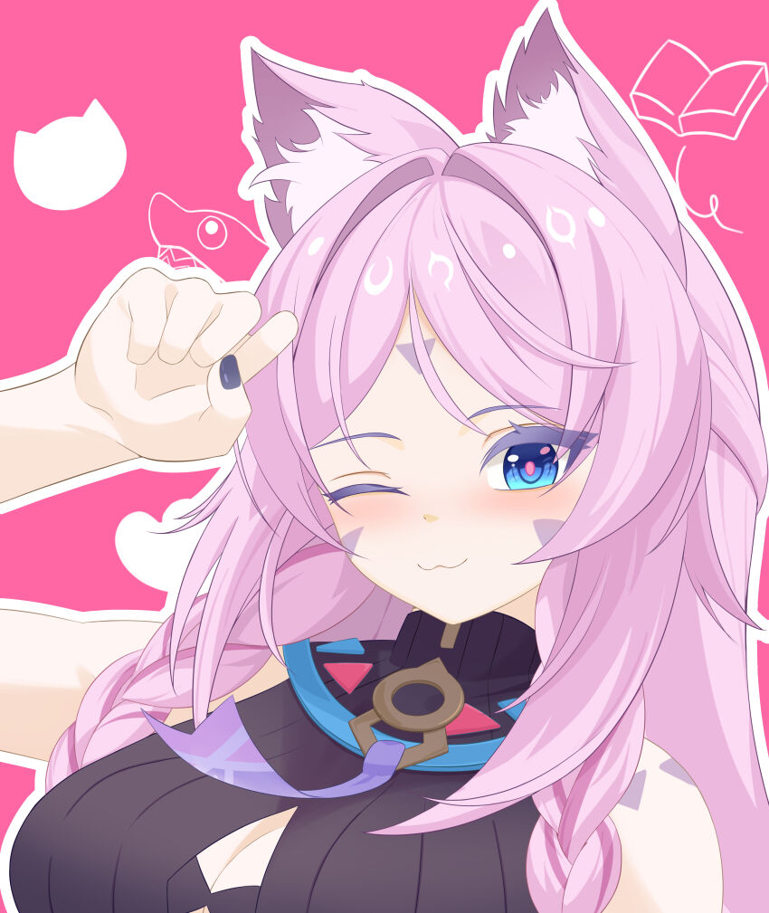 1girl ;3 absurdres animal_ear_fluff animal_ears bare_shoulders blue_eyes blush breasts cat_ears citlali_(genshin_impact) colored_eyelashes facial_mark forehead_mark genshin_impact hair_intakes highres kemonomimi_mode large_breasts long_hair looking_at_viewer nail_polish one_eye_closed outline pink_hair purple_nails seee3 solo white_outline