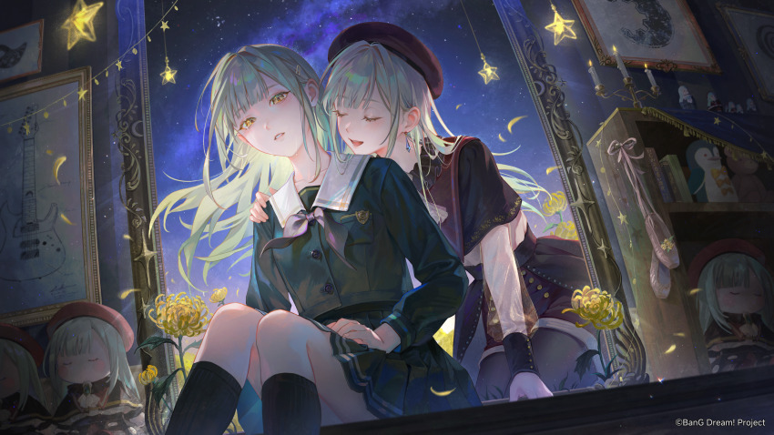 2girls absurdres bang_dream! bang_dream!_it&#039;s_mygo!!!!! beret candle candlestand character_doll commentary_request copyright_notice dual_persona earrings flower green_hair green_shirt green_skirt guest_art hair_ornament hairclip hand_on_another&#039;s_shoulder hat highres jewelry kneeling mortis_(bang_dream!) mortis_(doll)_(bang_dream!) multiple_girls night night_sky official_art red_hat school_uniform shirt sitting skirt sky tamaki_(tamaki599) tsukinomori_school_uniform wakaba_mutsumi yellow_eyes yellow_flower