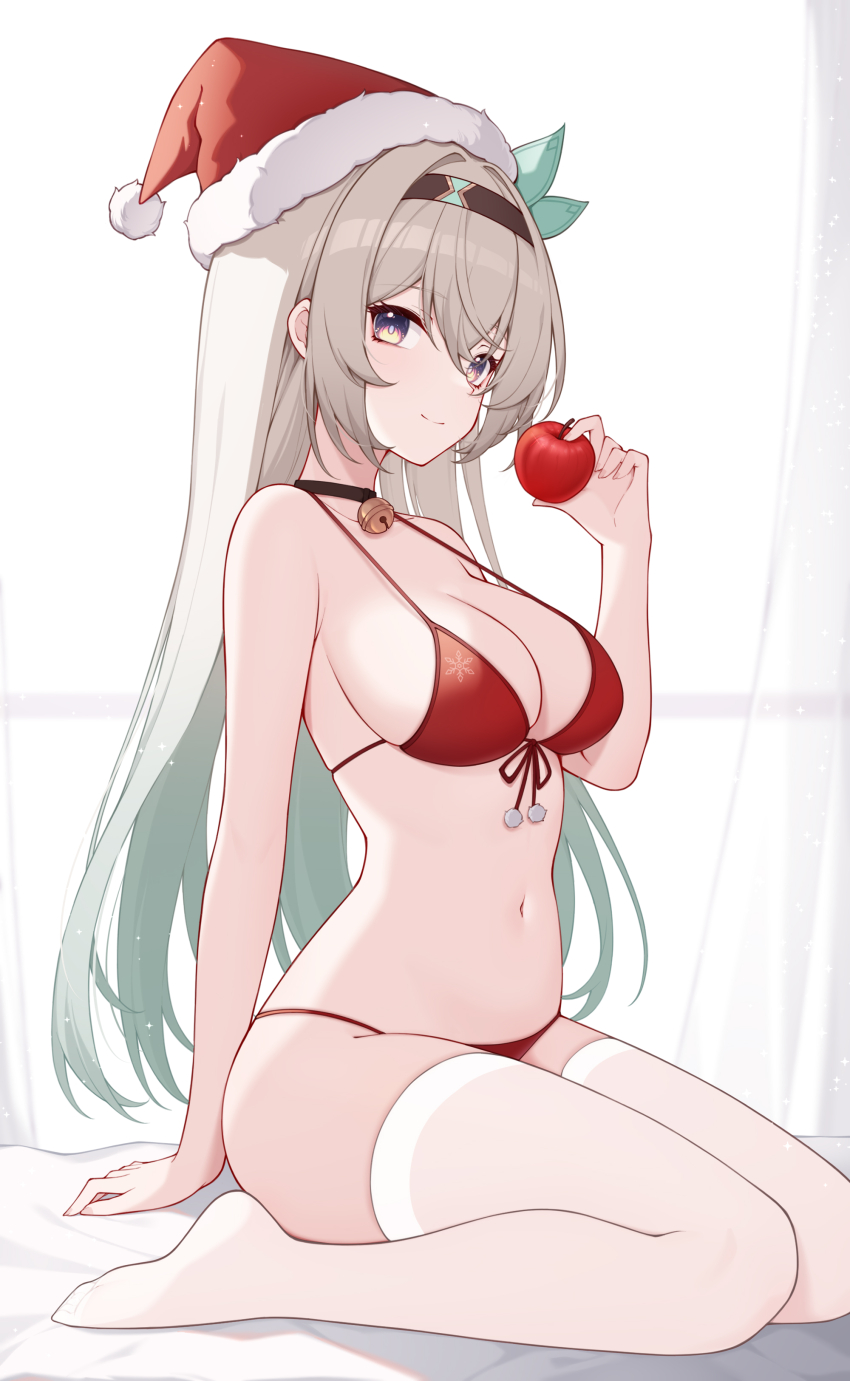 1girl absurdres apple bare_shoulders bell black_choker black_hairband bra breasts choker cleavage closed_mouth commentary_request firefly_(honkai:_star_rail) food from_side fruit full_body fur-trimmed_headwear fur_trim grey_hair hair_ornament hairband hand_up hat highres holding holding_food holding_fruit honkai:_star_rail honkai_(series) jingle_bell large_breasts long_hair looking_at_viewer looking_to_the_side navel neck_bell origami_(poinia) paid_reward_available panties pom_pom_(clothes) purple_eyes red_bra red_hat red_panties santa_hat sitting sleeveless smile solo stomach thighhighs underwear wariza white_thighhighs