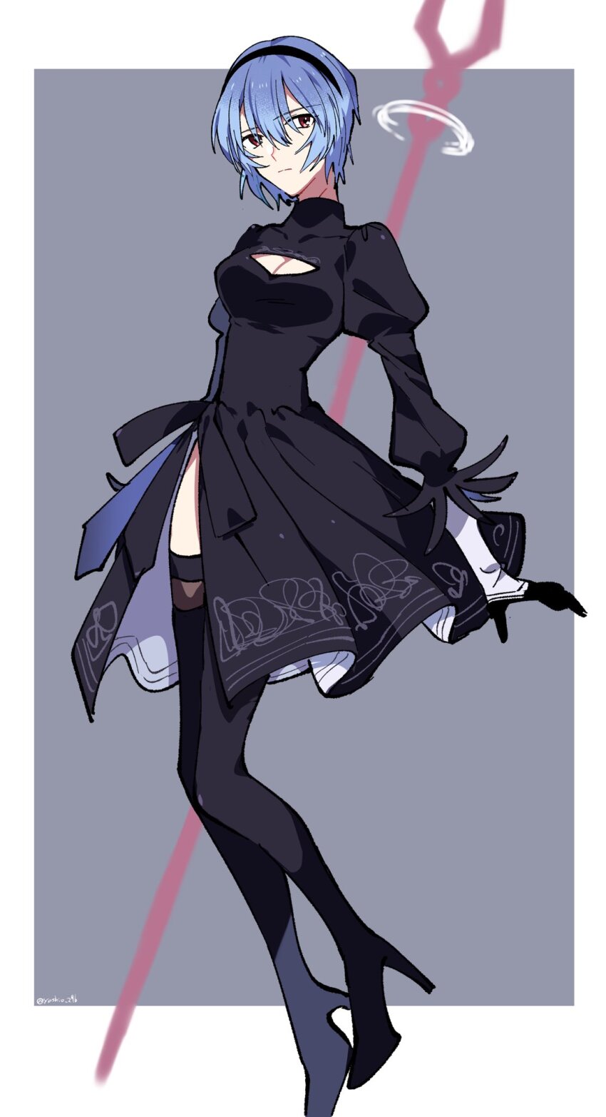 1girl 2b_(nier:automata) 2b_(nier:automata)_(cosplay) ayanami_rei black_boots black_dress black_hairband blue_hair boots border breasts cleavage_cutout clothing_cutout cosplay dress expressionless grey_background hairband high_heel_boots high_heels highres lance_of_longinus_(evangelion) looking_at_viewer neon_genesis_evangelion nier:automata nier_(series) outside_border puffy_sleeves short_hair signature simple_background solo thigh_boots white_border yoshio_296