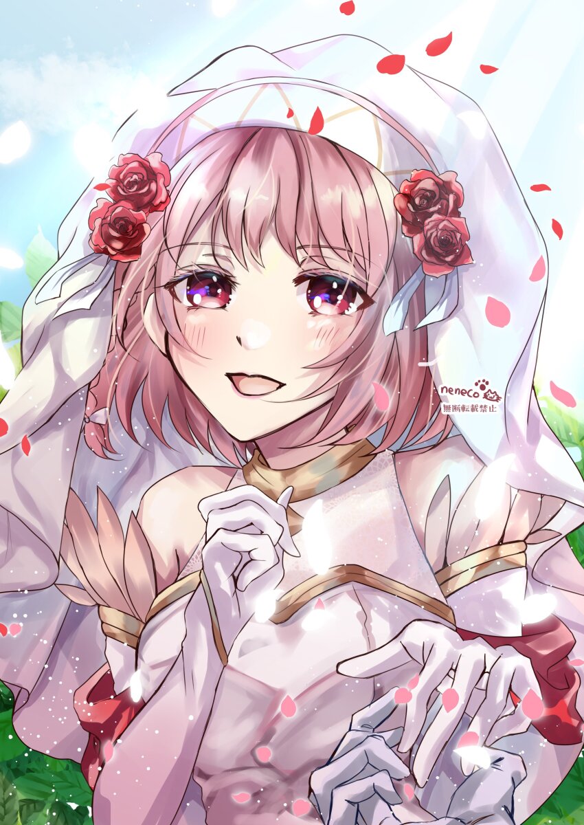 1girl absurdres bridal_gauntlets bridal_veil bride dress fire_emblem fire_emblem_engage fire_emblem_heroes flower gold_trim hairband highres kokonenecokone lapis_(fire_emblem) lapis_(mighty_bride)_(fire_emblem) nintendo official_alternate_costume pov red_flower red_rose rose solo two-tone_hairband veil wedding_dress white_bridal_gauntlets white_hairband yellow_hairband