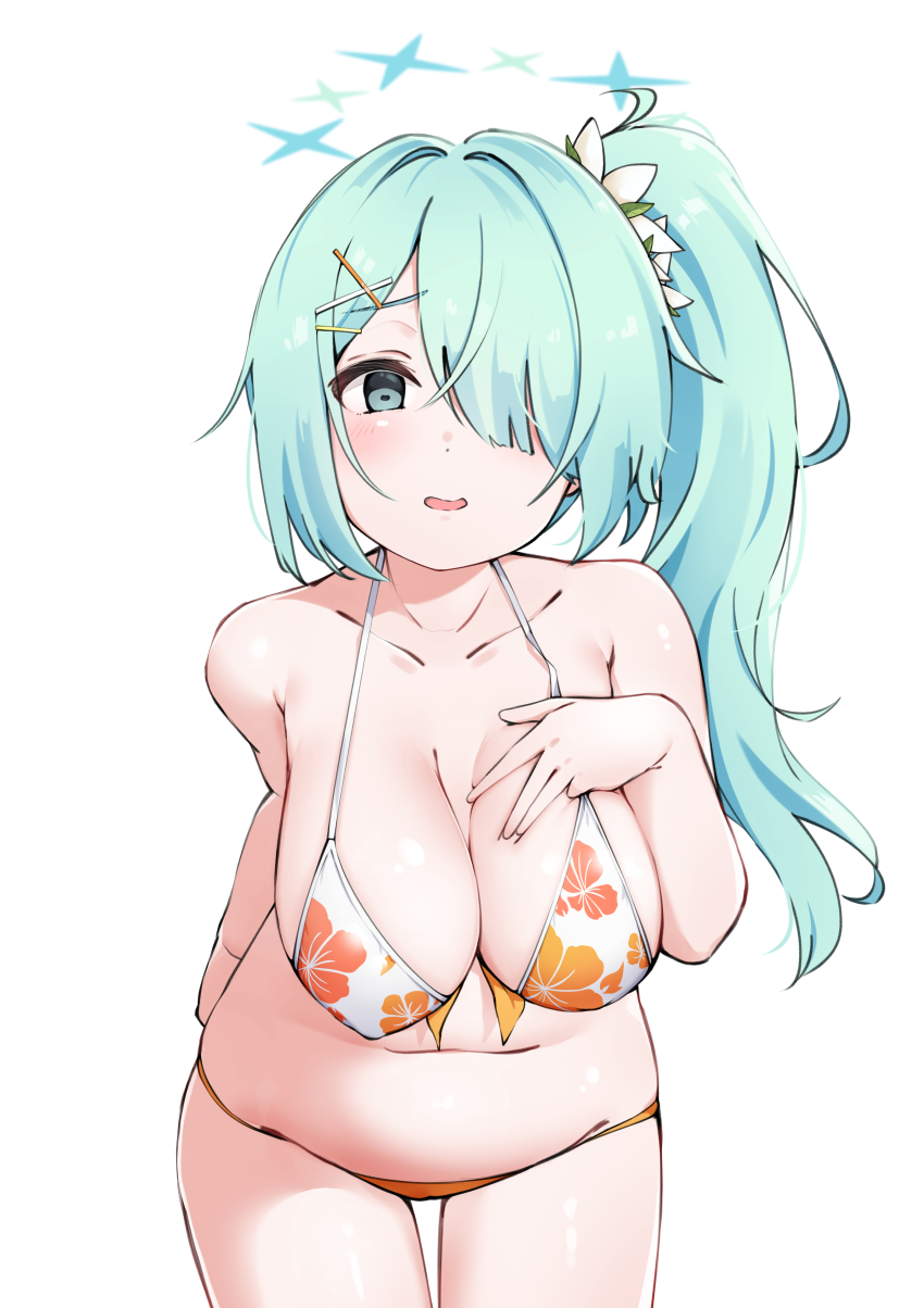 1girl absurdres aqua_hair bikini blue_archive blue_eyes blue_halo breasts commentary_request floral_print floral_print_bikini flower hair_flower hair_ornament hair_over_one_eye halo hand_on_own_chest highres hiyori_(blue_archive) hiyori_(swimsuit)_(blue_archive) komasi large_breasts long_hair looking_at_viewer multicolored_bikini multicolored_clothes official_alternate_costume orange_bikini print_bikini side_ponytail simple_background solo swimsuit two-tone_bikini white_background white_bikini white_flower