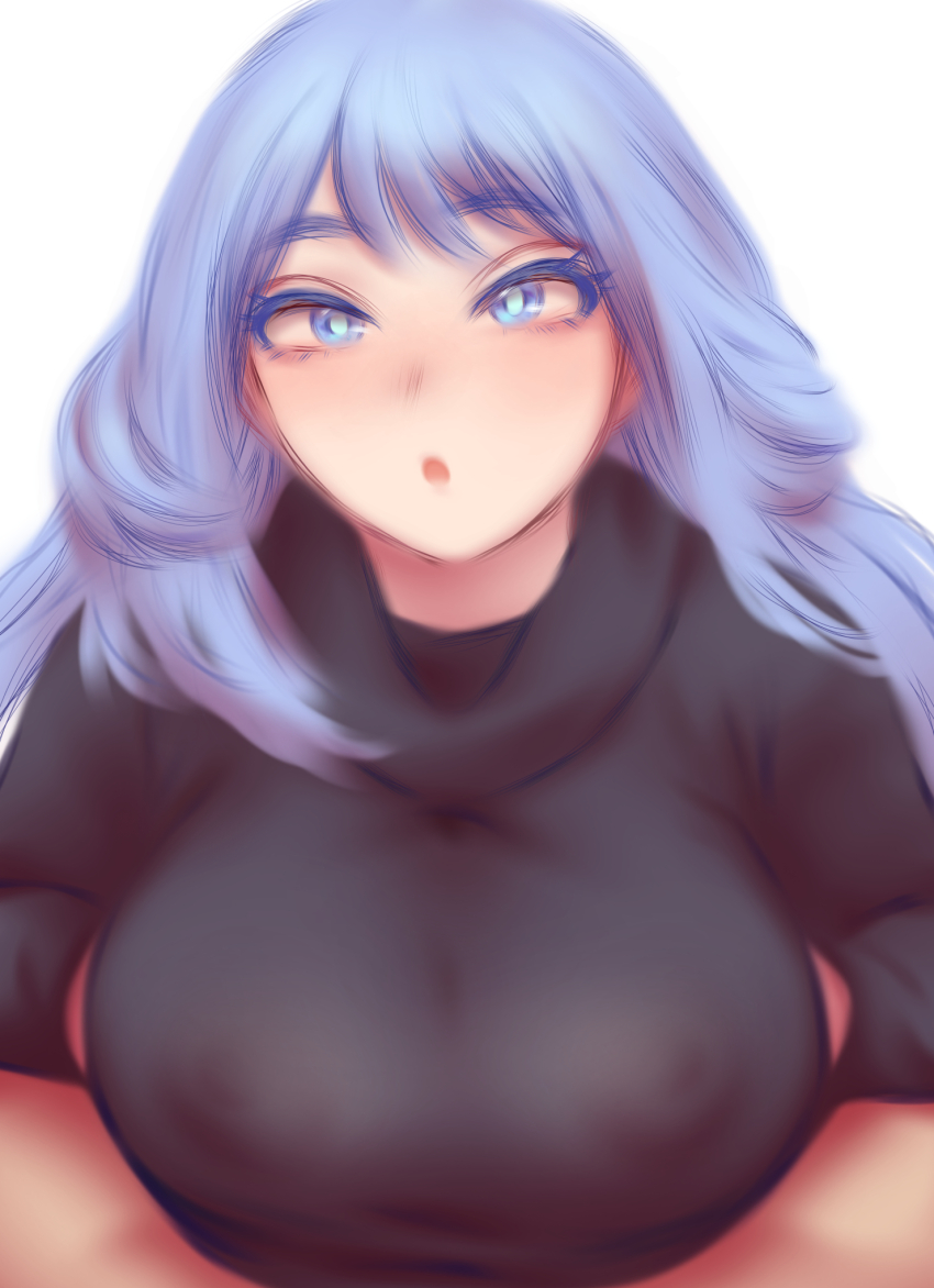 1girl black_sweater blue_eyes blue_hair boku_no_hero_academia covered_erect_nipples hado_nejire highres open_mouth see-through_clothes shpo simple_background solo sweater turtleneck turtleneck_sweater white_background