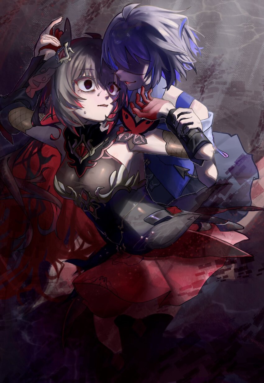 2girls black_dress black_hair blue_hair breasts colored_inner_hair commentary_request dress duoyun_de_tiankong empty_eyes highres holding_another&#039;s_arm honkai_(series) honkai_impact_3rd large_breasts long_hair multicolored_hair multiple_girls open_mouth red_hair scared seele_(alter_ego) seele_vollerei seele_vollerei_(azure_memories) seele_vollerei_(starchasm_nyx) seele_vollerei_(swallowtail_phantasm) shaded_face smile