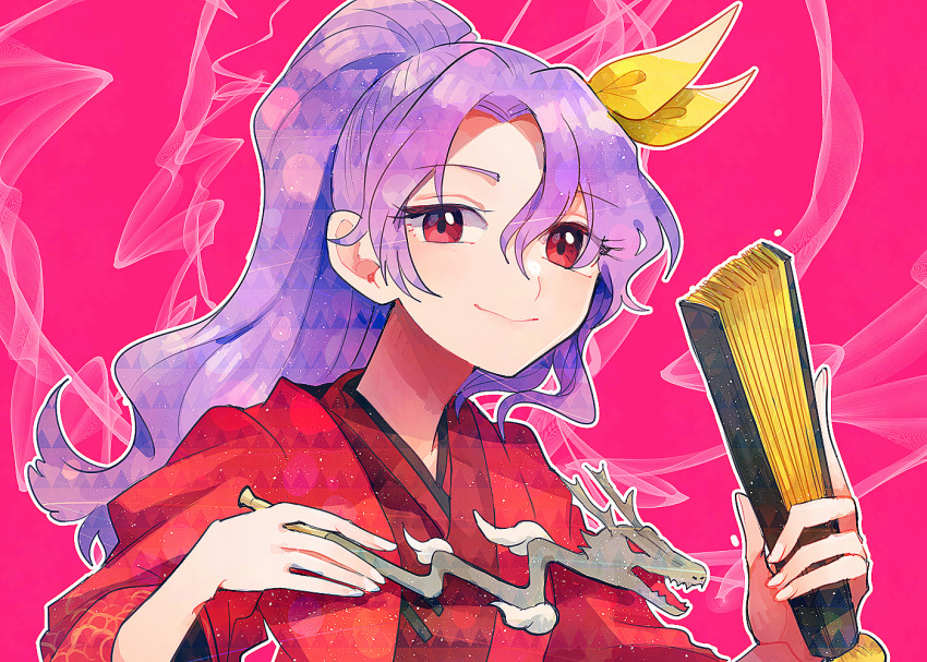 1girl closed_mouth commentary_request folded_fan folding_fan hair_ribbon hand_fan hands_up high_ponytail holding holding_fan holding_smoking_pipe itomugi-kun japanese_clothes kimono kiseru komakusa_sannyo long_hair long_sleeves looking_at_viewer outline partial_commentary pink_background purple_hair red_eyes red_kimono ribbon sidelocks smile smoke smoking_pipe solo touhou upper_body white_outline yellow_ribbon