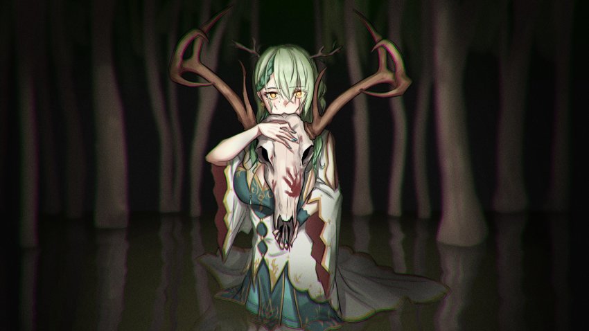 1girl absurdres animal_skull antlers braid branch ceres_fauna deer_skull green_hair hair_ornament handprint highres holding hololive hololive_english horns long_hair looking_at_viewer nature outdoors partially_submerged skull solo tree virtual_youtuber wetland yellow_eyes zenya