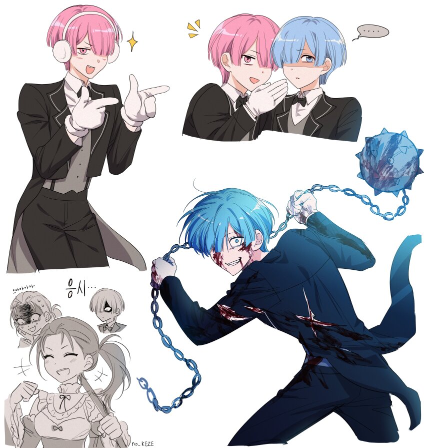 ... 1girl 2boys absurdres ball_and_chain_(weapon) black_bow black_bowtie black_coat blood blue_eyes blue_hair bow bowtie coat crazy_eyes cropped_torso disgust genderswap genderswap_(ftm) genderswap_(mtf) gloves grey_vest hair_over_one_eye highres holding holding_weapon long_hair long_sleeves mittens multiple_boys natsuki_subaru no_keze pink_eyes pink_hair ram_(re:zero) re:zero_kara_hajimeru_isekai_seikatsu rem_(re:zero) shaded_face shirt short_hair simple_background spoken_ellipsis tailcoat vest weapon white_background white_gloves white_mittens white_shirt