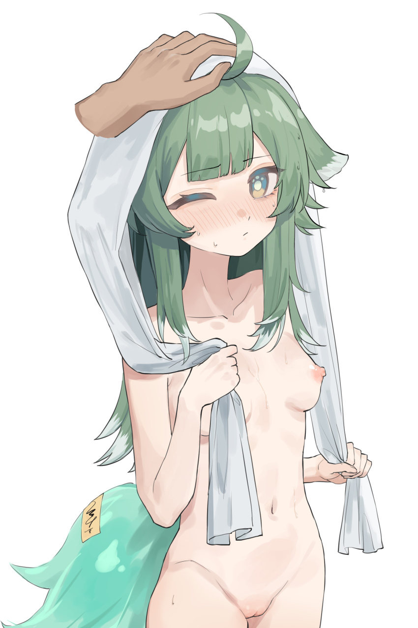 1girl 1other absurdres ahoge animal_ears blush breasts closed_mouth completely_nude cowboy_shot disembodied_hand fox_ears fox_girl fox_tail green_eyes green_hair headpat highres honkai:_star_rail honkai_(series) huohuo_(honkai:_star_rail) long_hair looking_at_viewer navel nipples nude one_eye_closed pussy simple_background small_breasts solo_focus tail towel towel_on_head user_awny2723 wet white_background