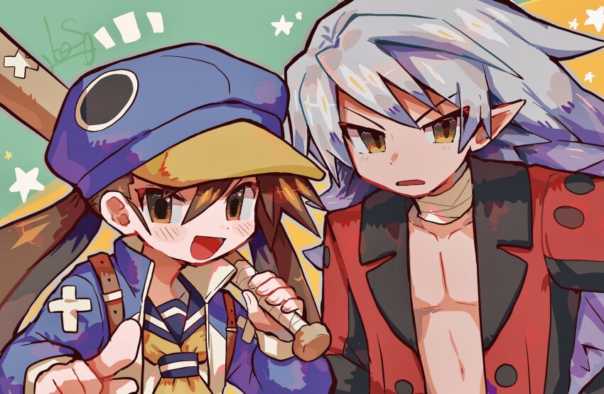 1boy 1girl baseball_bat blue_hat brown_eyes brown_hair demon_boy disgaea fenrich_(disgaea) grey_hair hair_between_eyes hat highres holding holding_baseball_bat jacket kazamatsuri_fuuka long_hair looking_at_viewer makai_senki_disgaea_4 open_clothes open_jacket penguin_hat pointing pointy_ears red_eyes school_uniform smile star_(symbol) twintails upper_body werewolf xbakoukix yellow_eyes