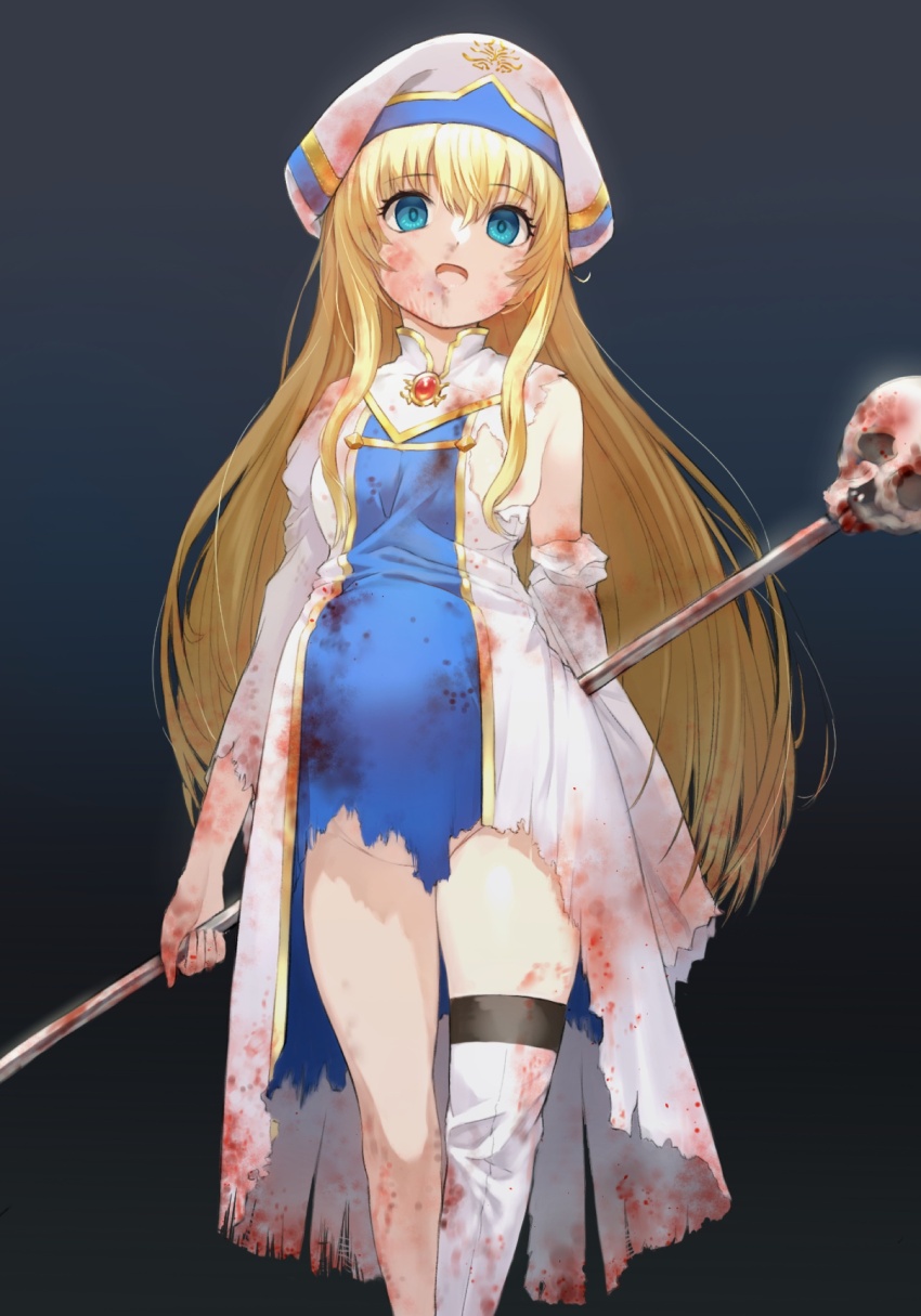 1girl black_background blonde_hair blood blood_on_clothes blood_on_face blue_eyes cloak dress goblin_slayer! hat highres holding holding_behind_back holding_weapon kneehighs long_hair nun polearm pregnant priestess_(goblin_slayer!) socks solo_focus spear stab suzuki_puramo very_long_hair weapon weapon_behind_back white_dress